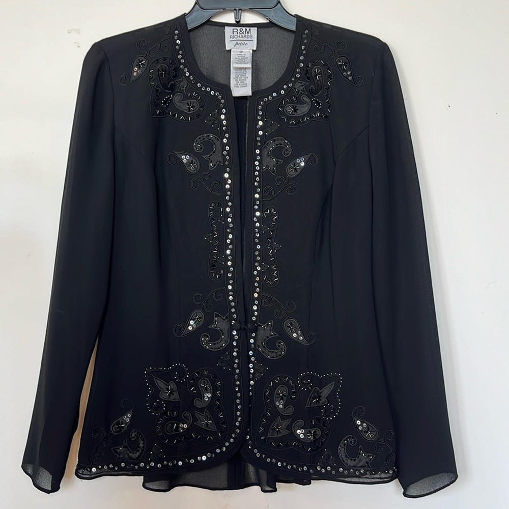 R&M Richards Black Embellished Sequin Outerwear Evening Jacket